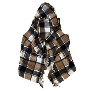 Altar’d State Brown/Black Plaid Flannel Open Vest With Hood and Fringe, Size L